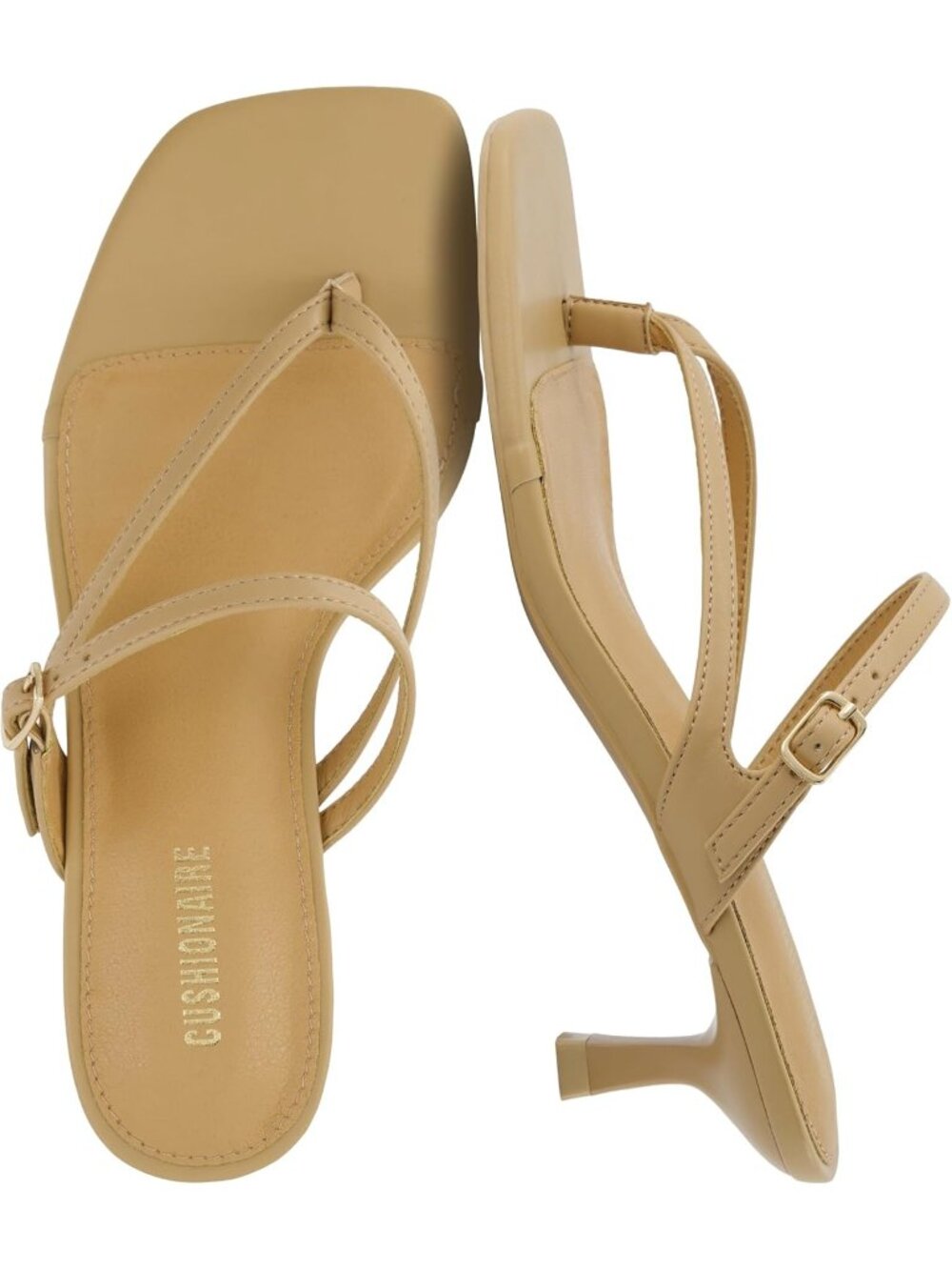 Women's Tan Sandals Comfortable Buckle Strappy Madrid Kitten Heel Square Toe